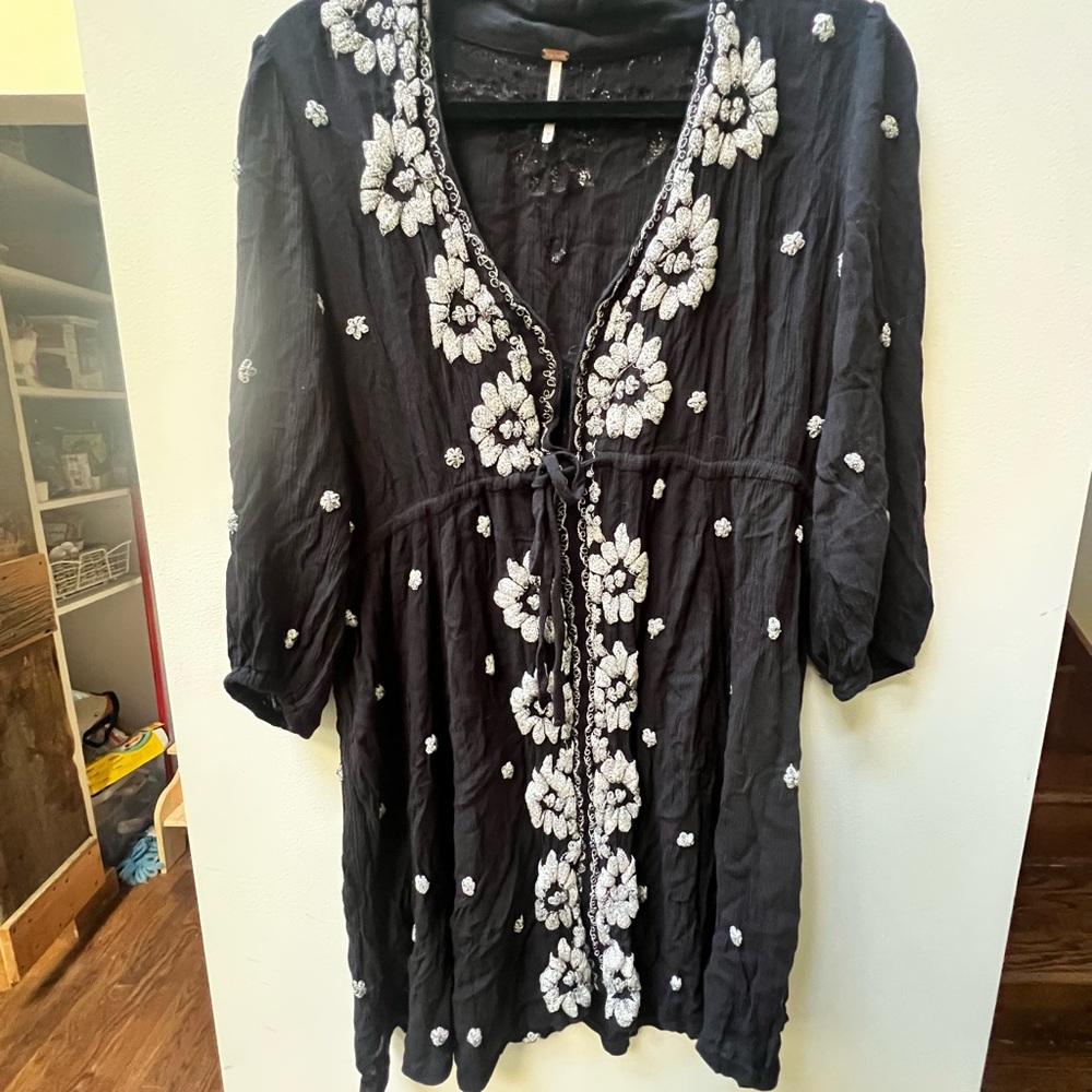 Free People Black Dress with White Embroidery